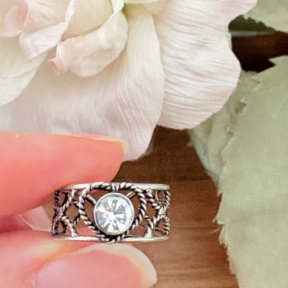 925 Sterling Silver Clear Crystal Open Work Toe Ring April Birthstone Adjust.